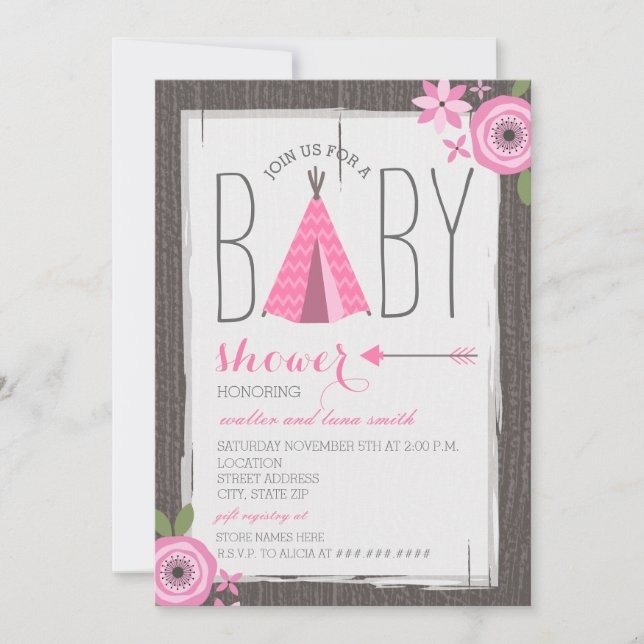 Invitation Baby shower floral Tipi rose (Devant)