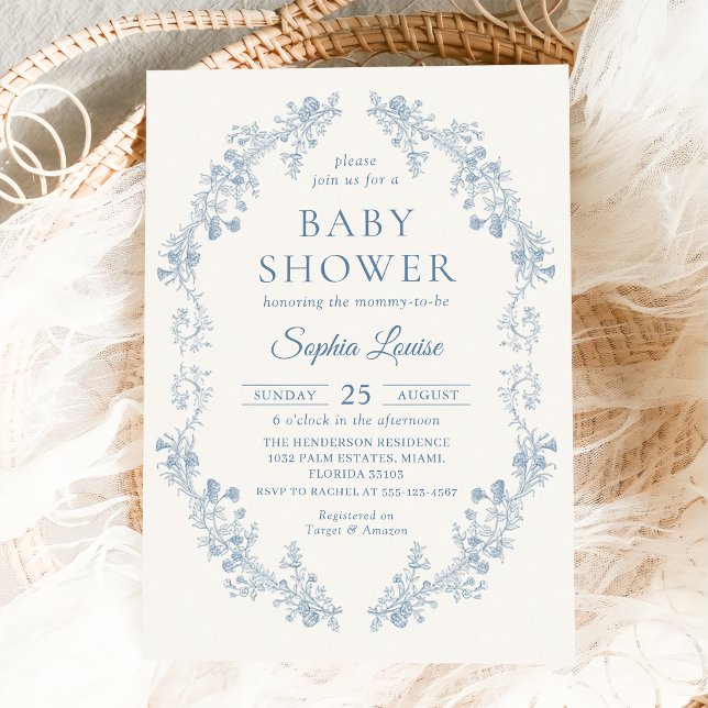 Invitation Baby shower Floral Toile Bleu Chinoiserie (Créateur téléchargé)