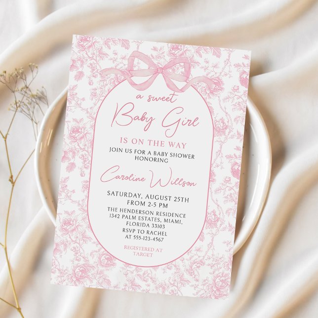 Invitation Baby shower Floral Toile Rose Bow (Créateur téléchargé)