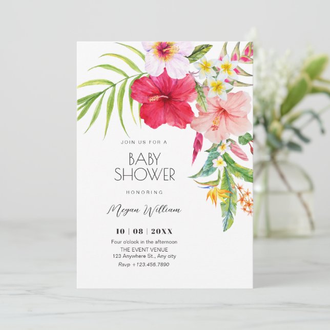 Invitation Baby shower floral tropical (Debout devant)