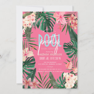 Invitation Baby shower floral tropical néon rose fille