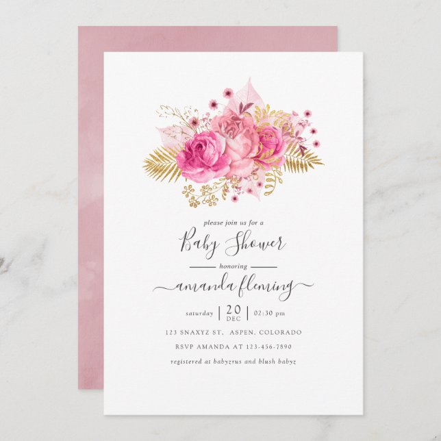 Invitation Baby shower floral tropical rose et or (Devant / Derrière)