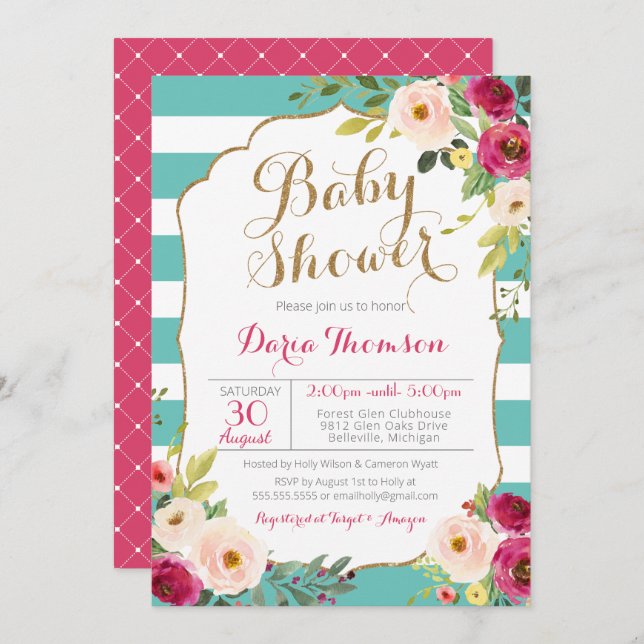 Invitation Baby shower floral Turquoise blanc rayé rose (Devant / Derrière)