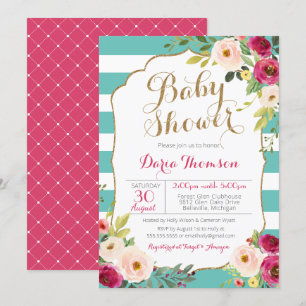 Invitation Baby shower floral Turquoise blanc rayé rose