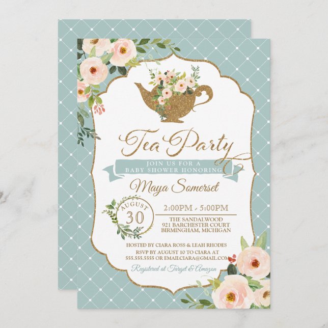 Invitation Baby shower floral Turquoise Blue Blush (Devant / Derrière)