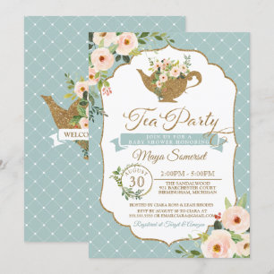 Invitation Baby shower floral Turquoise Blue Blush
