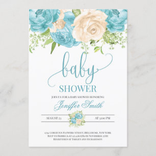 Invitation baby shower floral turquoise et crème moderne et é