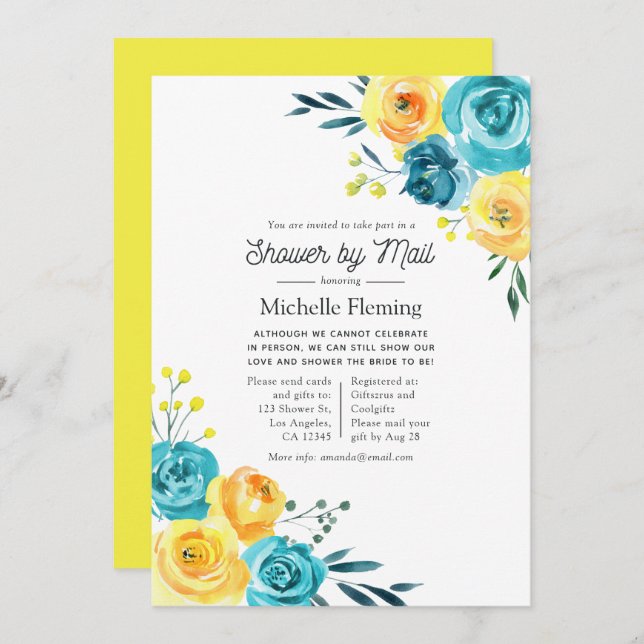 Invitation Baby shower floral turquoise et jaune par courrier (Devant / Derrière)