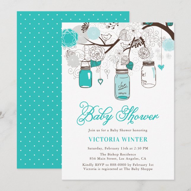 Invitation Baby shower floral Turquoise Hanging Mason Jars (Devant / Derrière)