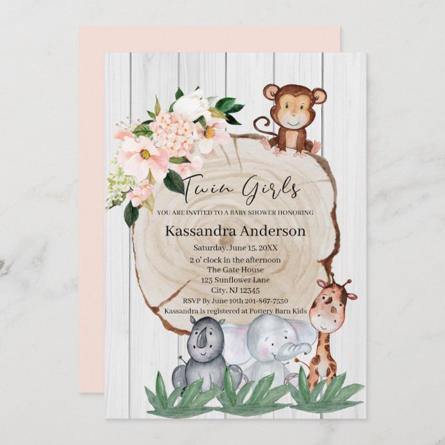 Invitation Baby shower Floral Twin de la jungle russe (Devant / Derrière)