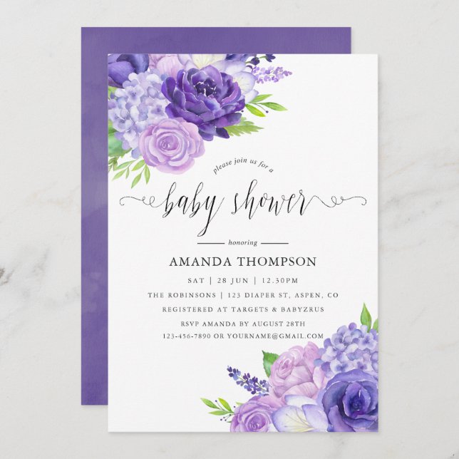 Invitation Baby shower Floral Ultra Violet (Devant / Derrière)