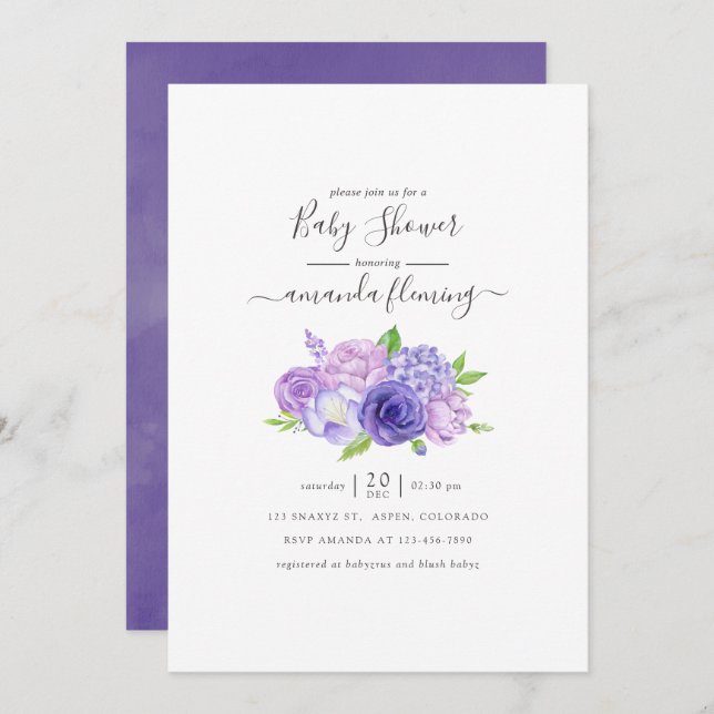 Invitation Baby shower Floral Ultra Violet (Devant / Derrière)