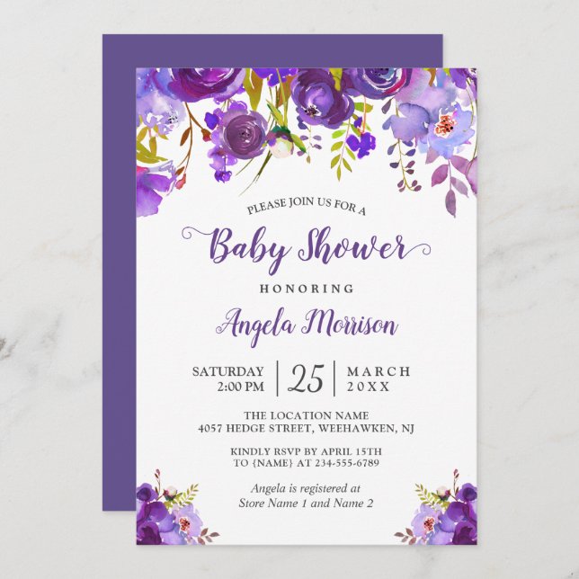 Invitation Baby shower Floral Ultra Violet violet tendance (Devant / Derrière)
