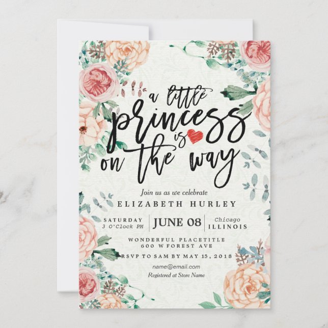 Invitation Baby shower floral une petite princesse est en rou (Devant)