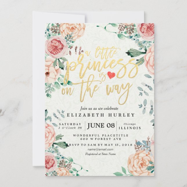 Invitation Baby shower floral une petite princesse est en rou (Devant)