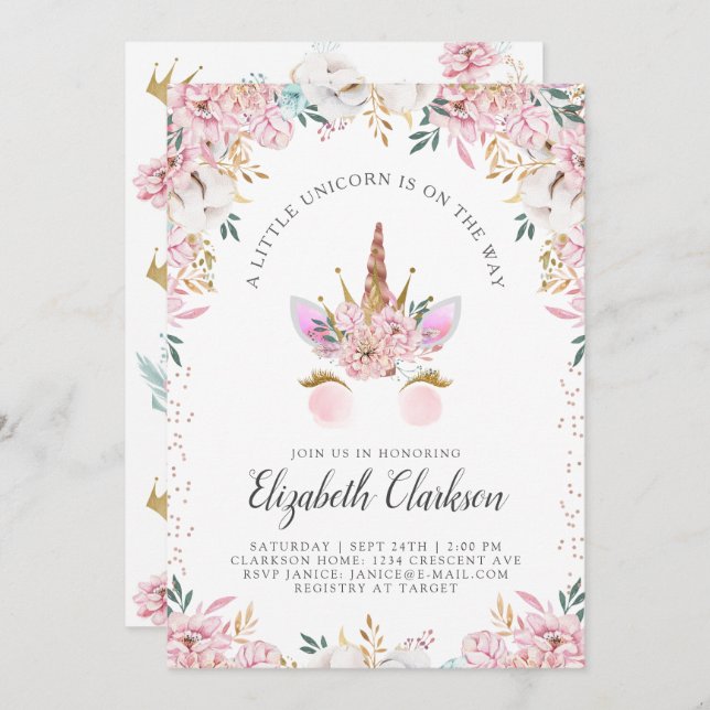 Invitation Baby shower Floral Unicorn Princess (Devant / Derrière)