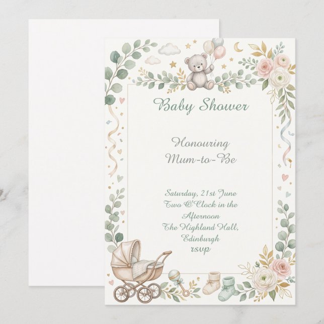 Invitation Baby Shower Floral Vélo (Devant / Derrière)
