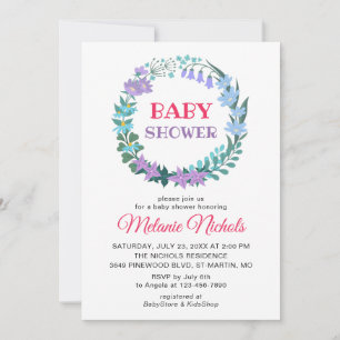 Invitation Baby shower Floral verdure Wreath Bluebell Lilac