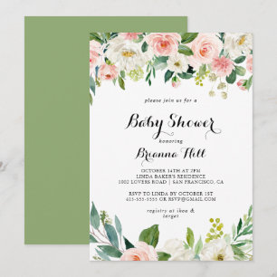 Invitation Baby shower Floral Vert Calligraphie