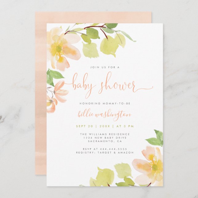 Invitation Baby shower Floral vert et rose pâle (Devant / Derrière)