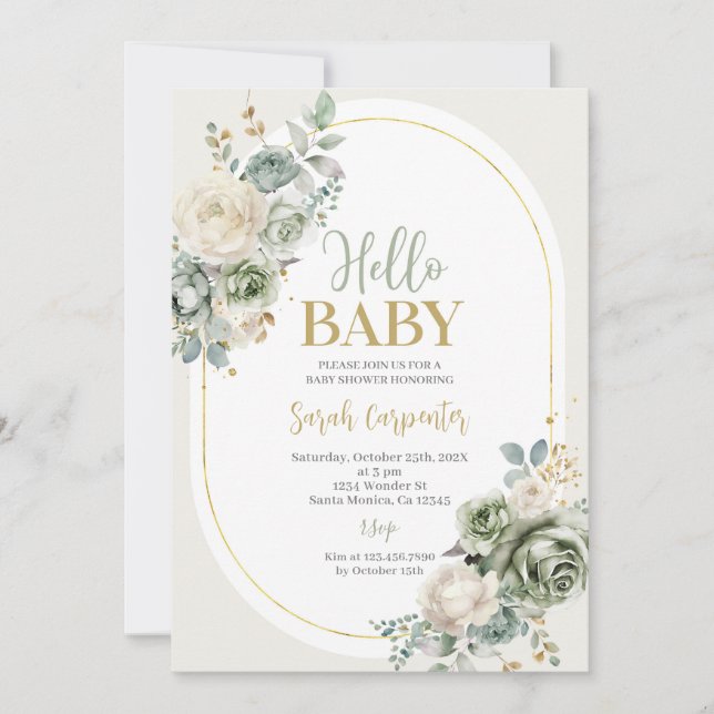 Invitation Baby shower floral vert Sage (Devant)