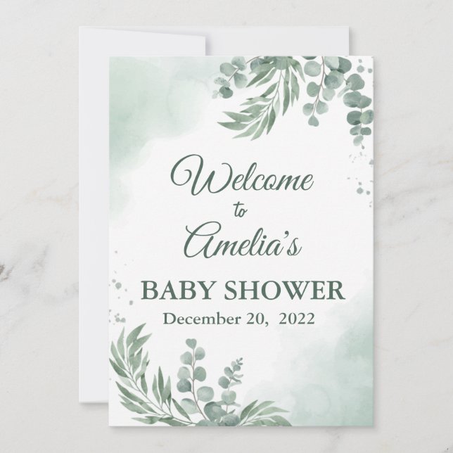 Invitation Baby shower floral vert Sage Affiche de bienvenue  (Devant)