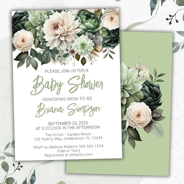 Invitation Baby Shower Floral Vert Sauge (Créateur téléchargé)