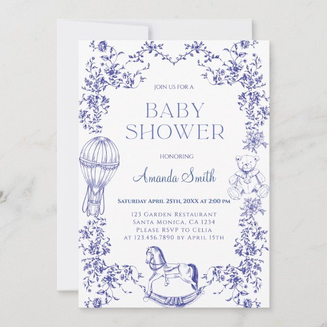 Invitation Baby shower floral Vintage bleu élégant (Devant)