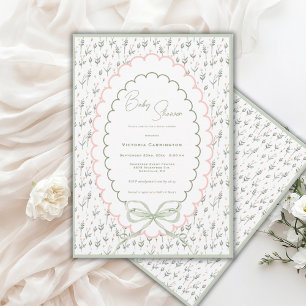 Invitation Baby Shower Floral Vintage Rose et Sauge