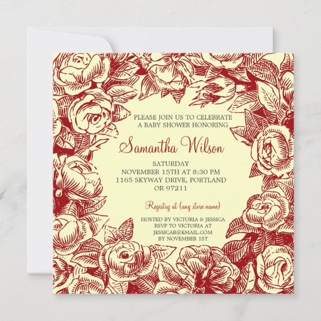 Invitation Baby shower floral Vintage Rose rouge (Devant)