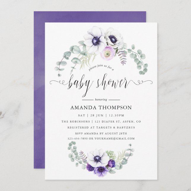 Invitation Baby shower floral violet poussiéreux (Devant / Derrière)