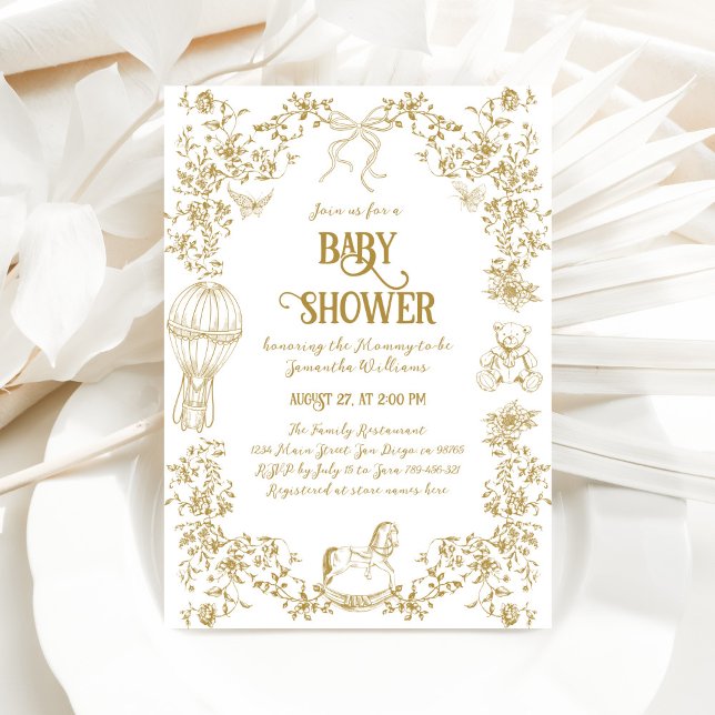 Invitation Baby shower floral Whimsical d'or (Créateur téléchargé)