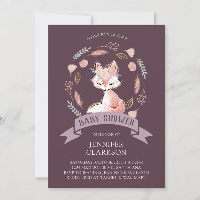 Invitation Baby shower Floral Wreath Boho Fox (Devant)