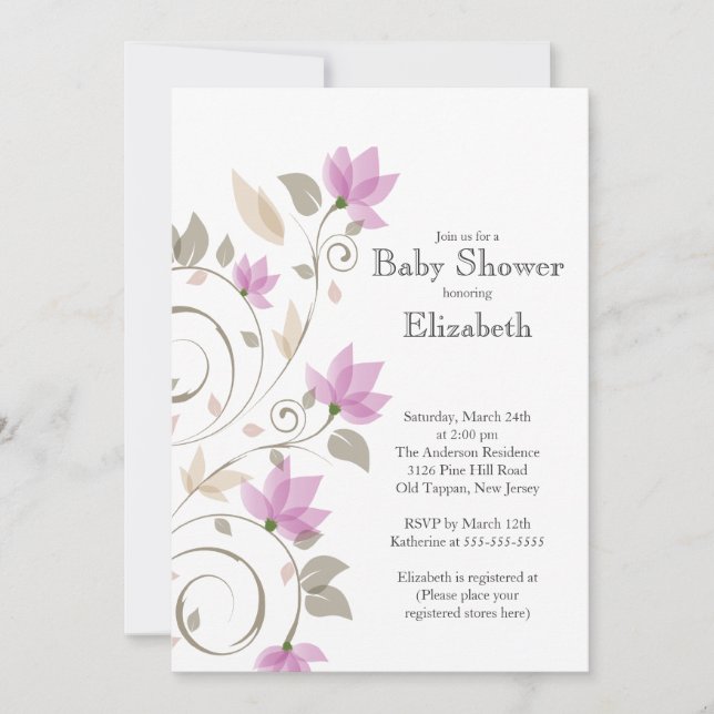 Invitation Baby shower florale rose moderne (Devant)
