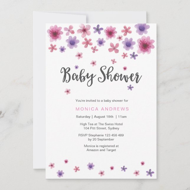 invitation baby shower | Floraux d'aquarelle rose (Devant)