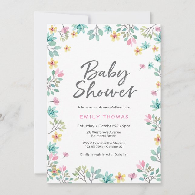 Invitation baby shower | flûtes d'aquarelle rose (Devant)
