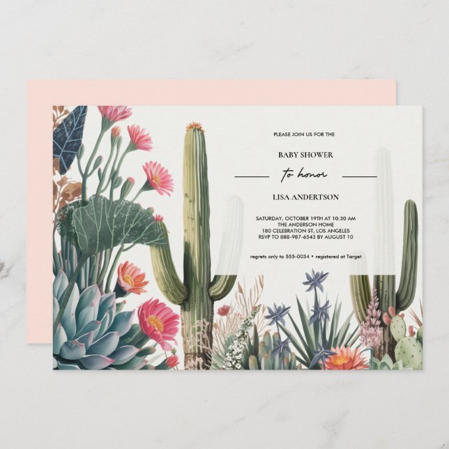 INVITATION BABY SHOWER FOLIAGE CACTUS (Devant / Derrière)
