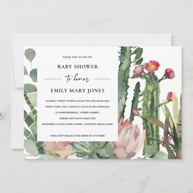INVITATION BABY SHOWER FOLIAGE FLORAL CACTUS ROSE BLANC BOHO (Devant)