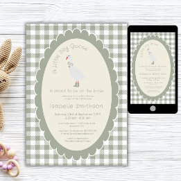 Invitation Baby-Shower « Folle Oie » à carreaux vert sauge 