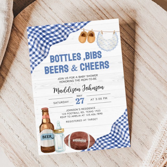 Invitation Baby-Shower Footballeur Bleu (Bottles, Bibs, Beers & Cheers Baby Shower Invitation)