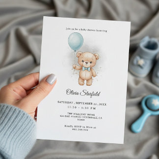 Invitation Baby Shower for Boy Blue Balloon, Teddy Bear & Bow