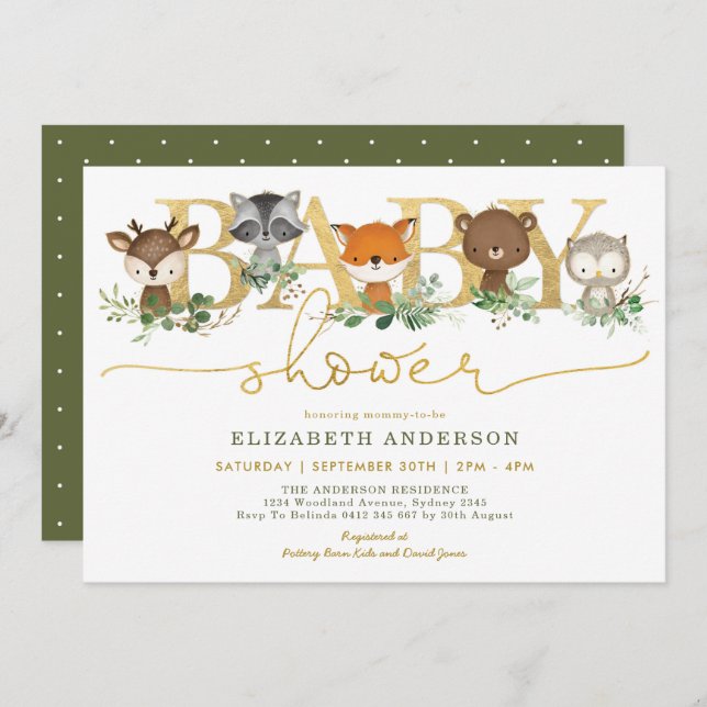 Invitation Baby shower forestier boisé d'or de verdure chic (Devant / Derrière)