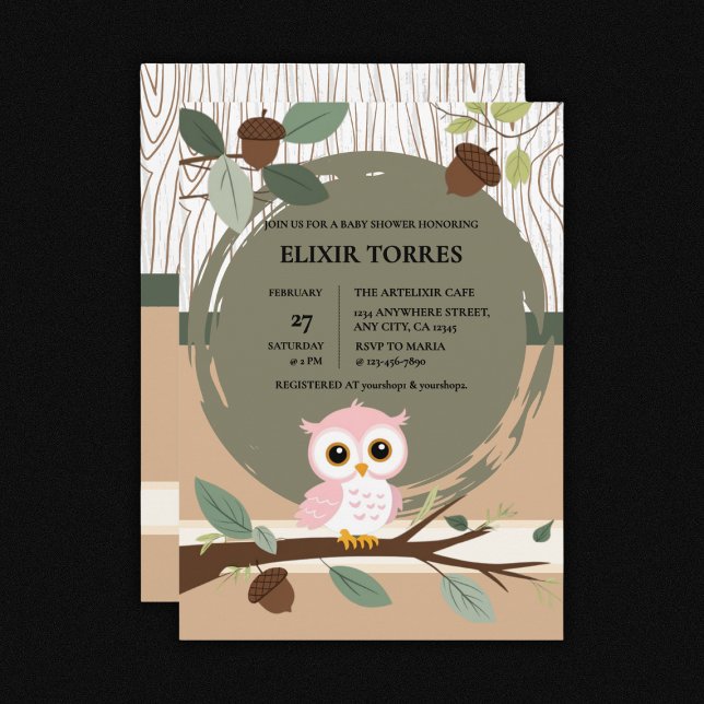 Invitation Baby shower forestier de la chouette rose (Créateur téléchargé)