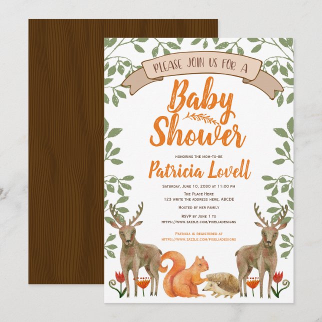 Invitation Baby shower forestier des animaux de bois Neutre s (Devant / Derrière)