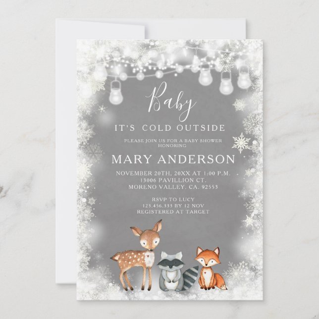 Invitation Baby shower forestier des forêts d'hiver (Devant)
