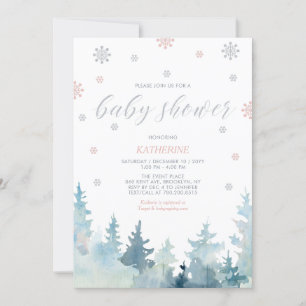 Invitation Baby shower forestier d'hiver Silver & Pink Snowfl
