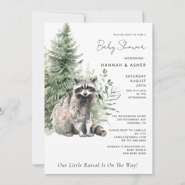 Invitation Baby shower forestier du petit Rascal Raccoon (Devant)
