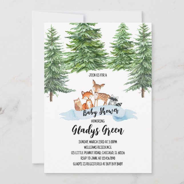 Invitation Baby shower forestier hivernal neutre pour les fem (Devant)