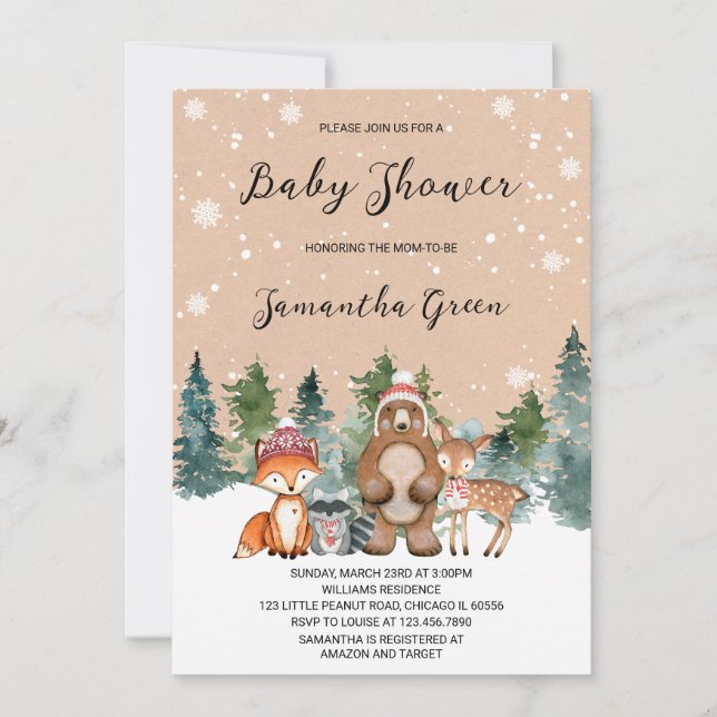 Invitation Baby shower forestier hivernal neutre pour les fem (Devant)