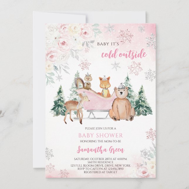 Invitation Baby shower forestier rose d'hiver (Devant)